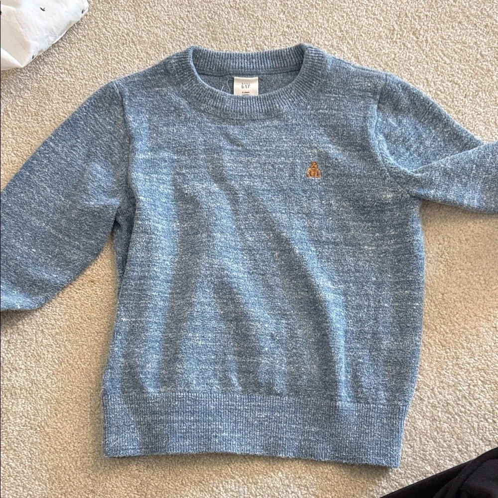 GAP Blue Heather Knit Sweater with Gold Bear Patch